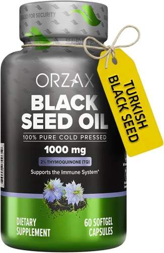 ORZAX Cápsulas orgánicas prensadas en frío de 1000 mg de aceite de semilla negra con 20 mg de timoquinona para apoyo inmunológico, buen cabello,
