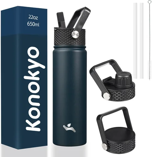 Miniatura 18 de Konokyo - Botella de agua aislada de 18 onzas, botellas deportivas de acero inoxidable con 3 tapas, verde militar