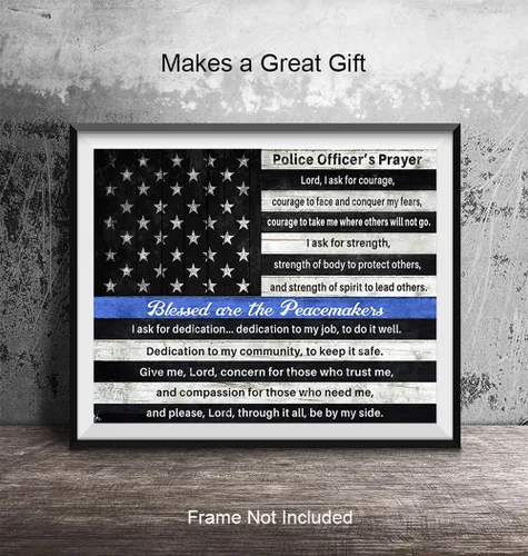 Miniatura 5 de Arte de pared de oración de la policía GRANDE 11x14 - Decoración patriótica de la bandera americana de línea azul delgada - Arte de pared cristiano