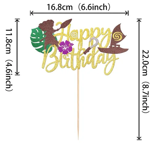 Miniatura 2 de 1 pieza de decoración de pastel de feliz cumpleaños Moana con purpurina de hoja de palma, flor de moana, selección de pastel tropical hawaiano Luau