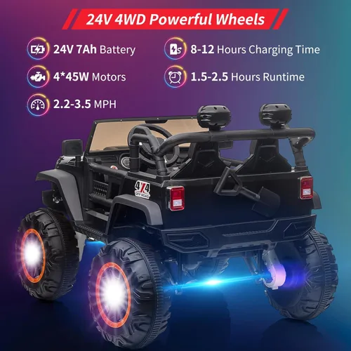 Miniatura 2 de Auto de juguete de 24 V, control remoto, 4 ruedas, auto eléctrico para niños pequeños, niños y niñas, vehículo motorizado de 2 plazas, color negro