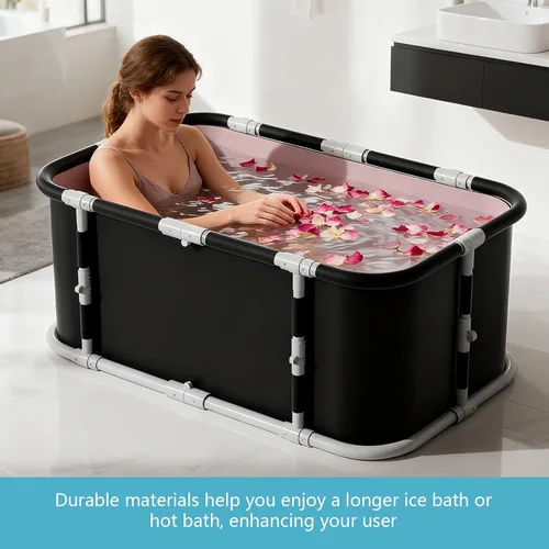 Miniatura 8 de Simcat Bañera plegable portátil grande de 45 pulgadas con marco de metal para adultos (3.9 ft negro puro incluye cojín y tubo de drenaje)