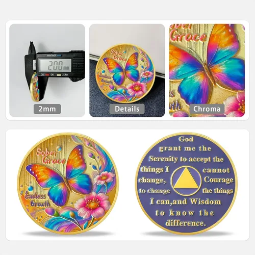 Miniatura 3 de Moneda de sobriedad con flor de mariposa Moneda AA de gracia sobria – Medallón de chip AA con alcohol anónimo inspirador Monedas de alcohólicos