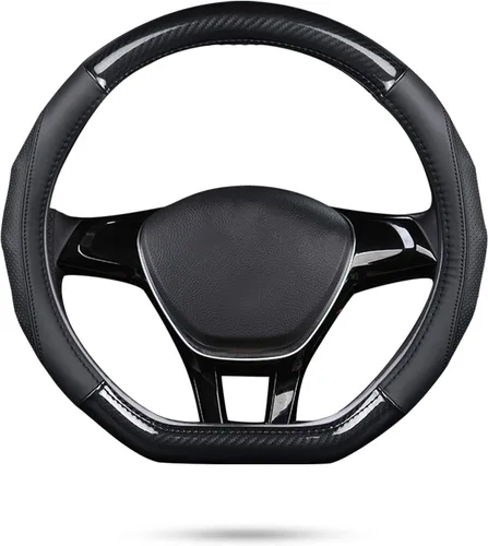 Ergocar Funda para Volante de Coche Antideslizante Protector de Volante Deportivo en Forma de D de Fibra de Carbono y Primera Capa de Cuero de Vaca