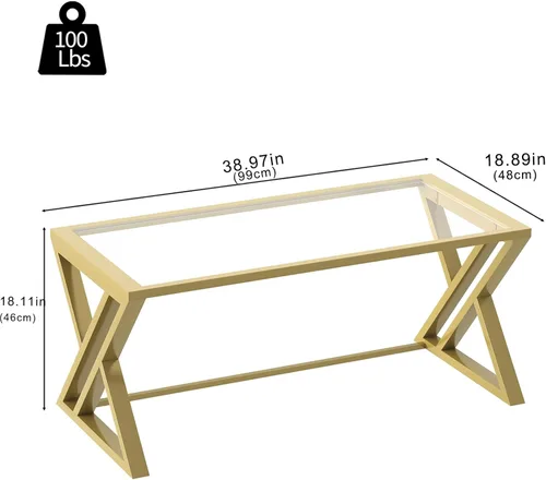 Miniatura 2 de Wolawu Mesa de Centro de Cristal Dorado Mesa de Centro de Cristal para Sala de Estar, Mesa Central Rectangular Moderna con Marco de Metal dorado