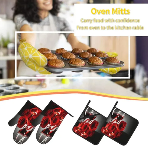 Miniatura 7 de Juego de 4 guantes de horno para copas de vino y velas de vino y soportes para ollas, juego de guantes de cocina resistentes al calor para cocina