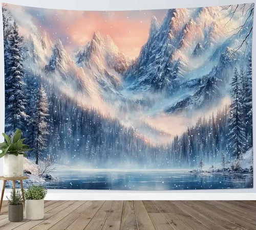 Miniatura 27 de LB Tapiz de Bosque de Nieve de Invierno, Pino Negro y Verde con Copo de Nieve Blanco Tapiz de Pared para Dormitorio, Arte de Pared de Paisaje