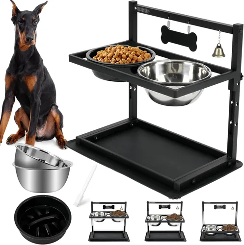 Cuencos elevados con comedero lento para perros grandes y medianos, soporte elevado, ajustable y antideslizante con 2 cuencos de acero inoxidable y