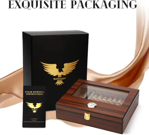 Miniatura 7 de Bald Eagle Humidor de puros, caja superior de vidrio con higrómetro humidificador, caja de madera de cedro de escritorio hecha a mano con capacidad