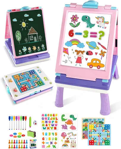 Miniatura 9 de Elovien Caballete para niños, caballete de arte de doble cara 4 en 1 con pizarra y pizarra blanca magnética, caballete de mesa plegable para niños
