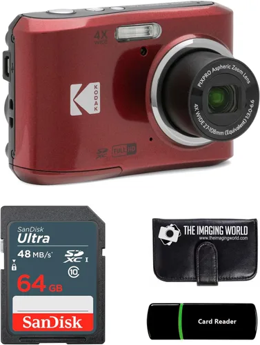 Cámara digital Kodak PIXPRO FZ45 de 16 MP con zoom óptico 4X, lente gran angular de 27 mm, video Full HD 1080P de 2.7" LCD (Rojo) + Tarjeta de 64GB