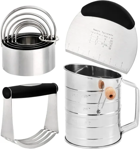 Tosnail Cortador de pastelería, licuadora de masa, tamiz de harina de 3 tazas y cortador de galletas, 8 piezas de acero inoxidable herramientas
