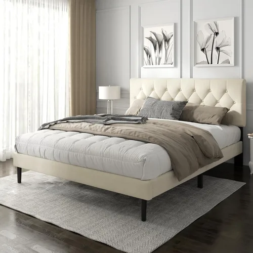 Miniatura 15 de HAOARA Armazón de Cama de Plataforma Tamaño Completo con Cabecera Tapizada con Botones Capitoné, Base de Colchón con Soporte de Listones de Madera