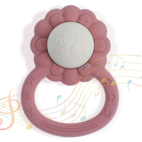 Sonajero mordedor, juguete sensorial Montessori con forma de león, silicona de grado alimenticio, sin BPA, esenciales para recién nacidos (rosa en