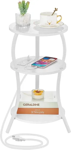 Miniatura 14 de Mesa auxiliar redonda pequeña vintage, mesa auxiliar circular de 3 niveles con cintura delgada con estante de almacenamiento, mesa auxiliar compacta