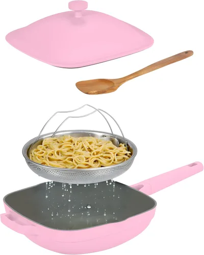 Sartén antiadherente cuadrada de cerámica de 11 pulgadas con tapa y cesta de vapor, sartén profunda, aluminio fundido no tóxico sin PFAS, compatible