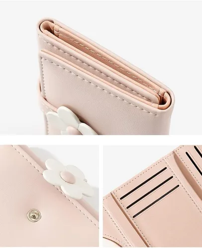 Miniatura 32 de MEISEE Billetera pequeña para niñas y mujeres, billetera de tres pliegues, bolsillo para efectivo, con estampado de flores, monedero con ventana