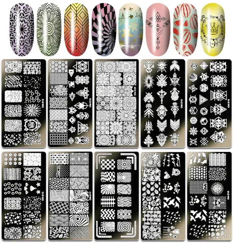 Miniatura 2 de Juego de sellos de uñas, 10 unidades, diseño geométrico, plantilla de placa de uñas, accesorios de arte de uñas, para bricolaje y salón de belleza