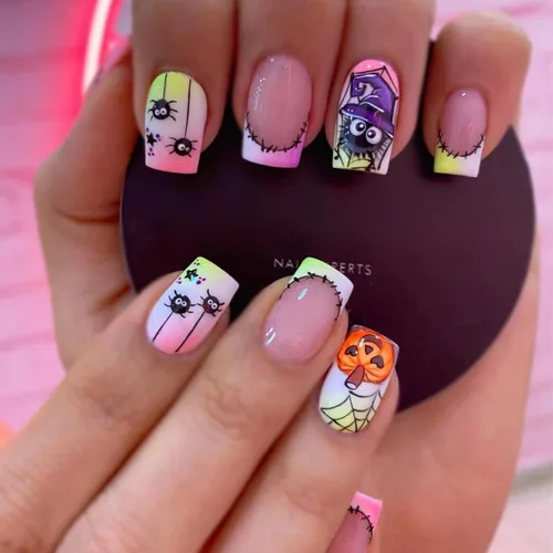 Miniatura 20 de Uñas postizas a presión de Halloween, uñas postizas cuadradas cortas con diseños de gato negro, acabado degradado brillante, cobertura completa