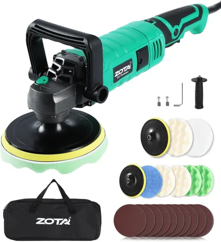 Pulidora de búfer ZOTA, kit de pulidoras y amortiguadores de coche con motor de cobre puro de 1600W de 17,8 cm/15,2 cm, 7 velocidades variables de