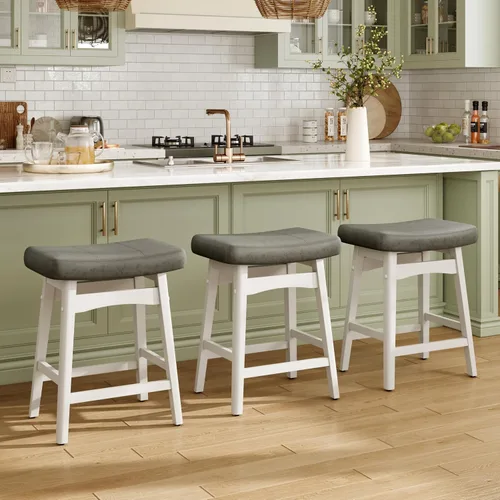 Miniatura 8 de MAISON ARTS - Juego de 4 taburetes de bar blancos de altura de mostrador para encimera de cocina con patas de madera maciza y asiento de cuero Cojín