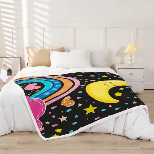 Miniatura 2 de Manta de franela arcoíris para todas las estaciones, colorida manta de cama con diseño de estrellas, luna y cielo para decoración de habitaciones