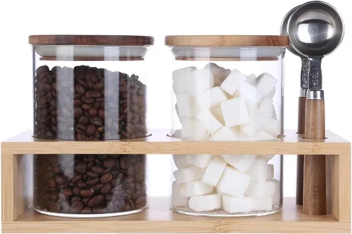Miniatura 13 de KKC HOME ACCENTS Frascos herméticos de vidrio de borosilicato para almacenamiento de alimentos con tapas de madera y cuchara para café, té, azúcar