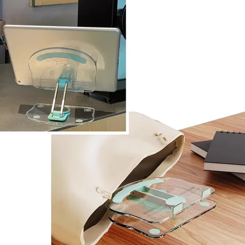 Miniatura 9 de Soporte acrílico para tablet con base giratoria de 360°, soporte plegable ajustable transparente para escritorio, oficina en casa, compatible