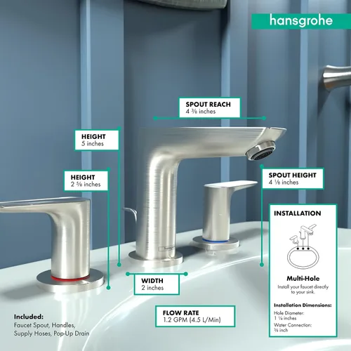 Miniatura 4 de hansgrohe Talis E 71733821 - Grifo moderno para lavabo de baño con 2 manijas y 5 pulgadas de alto en níquel cepillado, 71733821 cepillado níquel