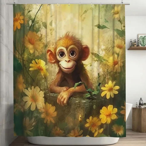 Cortina de ducha con diseño de mono y flores para baño, juego de cortina de ducha bohemia con diseño de animales en acuarela de color verde, tela