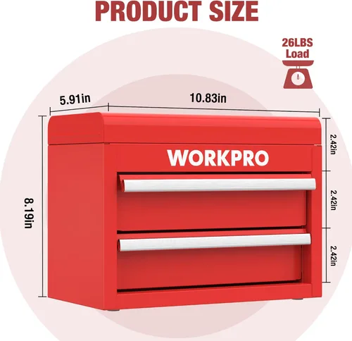 Miniatura 2 de WORKPRO Mini caja de herramientas de metal con 2 cajones y almacenamiento superior, pequeña caja de herramientas con forros de PVC y almohadillas