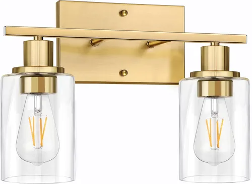 ShineTech 2 luces de tocador doradas para baño, iluminación de pared moderna con vidrio transparente, luz de aplique de latón cepillado para espejo,