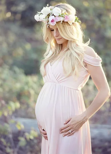 Miniatura 5 de ZIUMUDY Vestido de maternidad con hombros descubiertos y cuello en V envuelto para sesión de fotos, vestido largo para baby shower