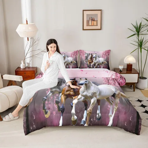 Miniatura 5 de Feelyou Juego de edredón tamaño individual con diseño de caballo y cerezo en flor de galope para niños, adolescentes, edredón occidental, decoración