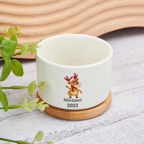 Miniatura 4 de Maceta de Navidad personalizada con nombre de bebé, macetas divertidas de ciervos de Navidad, maceta de cerámica para suculentas con bandeja