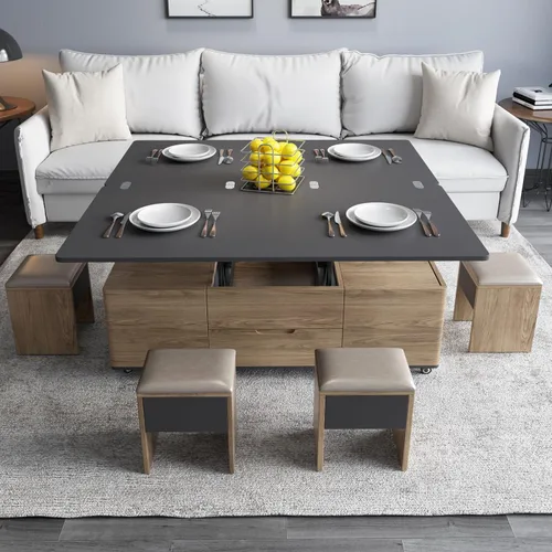 Miniatura 11 de Mesa de centro elevable con 4 taburetes de poliuretano, mesa de centro clásica de color negro con contraste marrón que se convierte en mesa