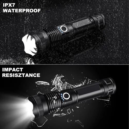 Miniatura 7 de Paquete de 3 linternas LED recargables de alto lumen, linterna súper brillante de 90,000LM, linterna potente ajustable de 5 modos con cable USB