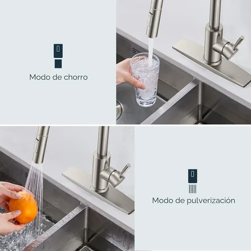 Miniatura 4 de FORIOUS Grifo de cocina con rociador desplegable, níquel cepillado, arco alto, moderno, clásico, grifo de fregadero de acero inoxidable con placa