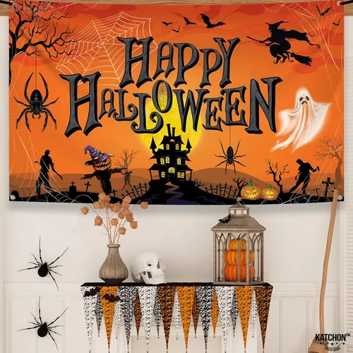 Miniatura 5 de KatchOn Cartel naranja de feliz Halloween, extra grande de 72 x 44 pulgadas, telón de fondo de calabaza para decoraciones de fiesta y fotografía