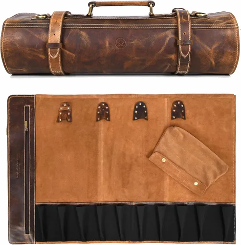 Aaron Leather Goods Vendimia Estilo Bolsa de Almacenamiento de Rollo de Cuchillos de Cuero, 10 Bolsillos Elásticos y Expandibles, Correa de Hombro