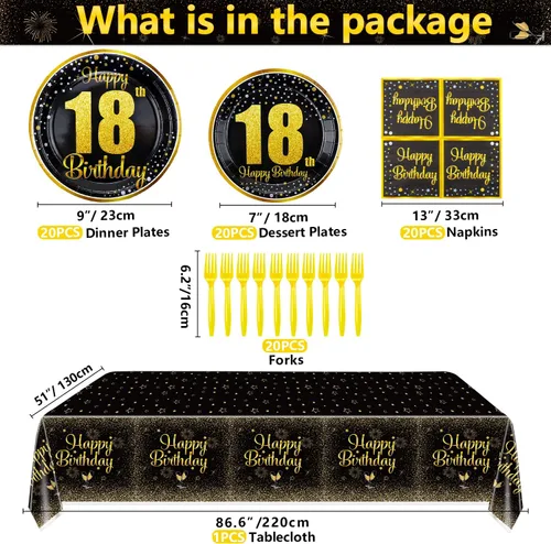 Miniatura 2 de Decoraciones de 18 cumpleaños para niños y niñas - 81 piezas de platos, servilletas, mantel, tenedores, decoración de fiesta negra y dorada, sirve