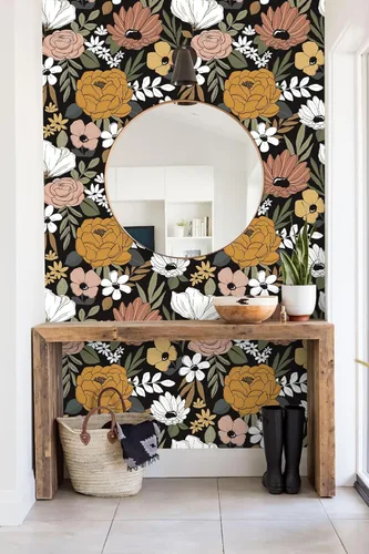 Miniatura 4 de HAOKHOME Papel pintado vintage grande floral de despegar y pegar, extraíble, hojas de margarita, negro/arena/oliva, vinilo autoadhesivo, mural, 17.7