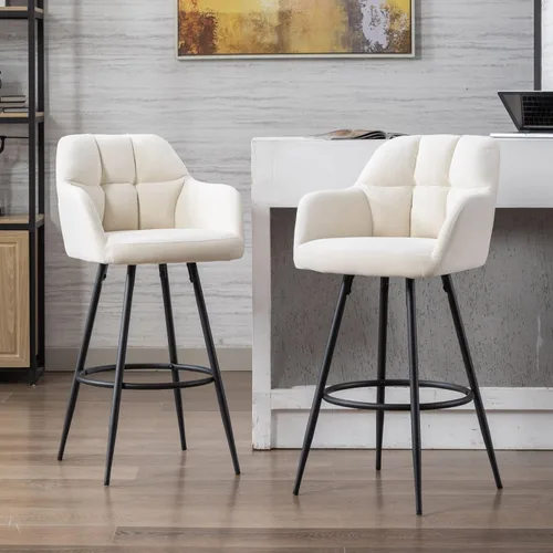 ROCITY Juego de 2 taburetes de bar de terciopelo con respaldo, silla de bar beige para isla de cocina, taburetes de bar modernos con patas de metal
