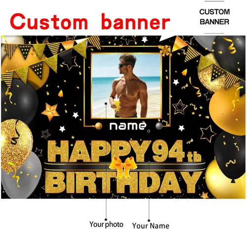 Miniatura 2 de Cartel decorativo personalizado de feliz cumpleaños número 100 - Personalización disponible - Negro y dorado - Tamaño grande - Admite fotos
