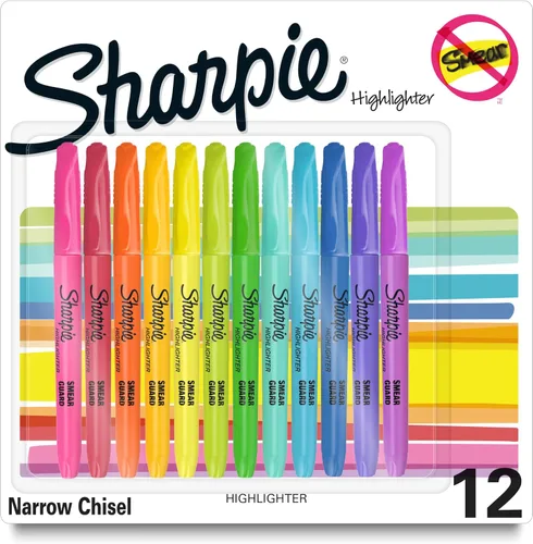Sharpie Marcadores de bolsillo, punta de cincel, secado rápido, colores fluorescentes surtidos, 12 unidades - Para estudiar, tomar notas,
