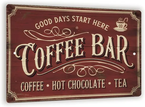 Letrero de metal vintage con texto en inglés "Coffee Bar", arte de pared retro para café con fondo rojo envejecido, decoración rústica de cocina o