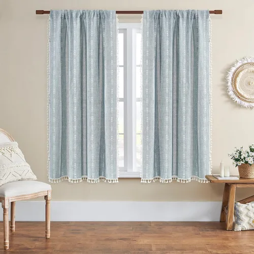 Miniatura 2 de 2 paneles de cortinas de lino semiopacas para ventana, bohemias y rústicas, con rayas bordadas y bolsillo para cortinero, para sala de estar