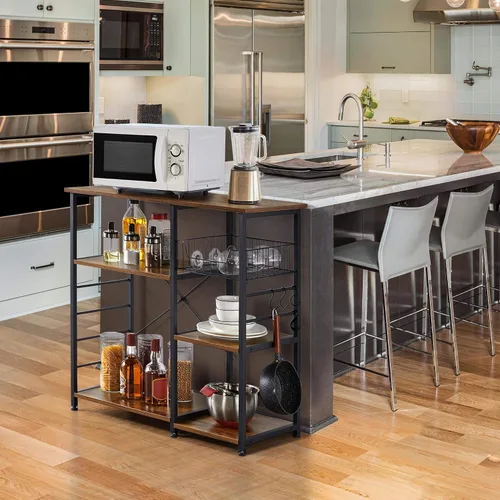 Miniatura 4 de Topeakmart Estante de cocina de 3 niveles para horno de microondas, carrito de almacenamiento, estación de trabajo, estante rústico marrón