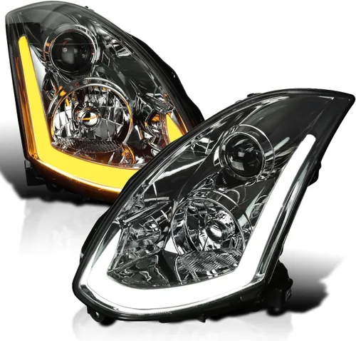 SPEC-D TUNING Faros Delanteros Proyectores Ahumados con Tira LED Secuencial Compatible con Infiniti G35 Coupe 2003-2007, Par de Faros Delanteros