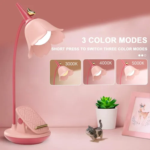 Miniatura 4 de Lámpara de escritorio rosa con abrazadera, lámpara LED pequeña recargable, cuello de cisne ajustable, regulable, linda para dormitorio de niñas